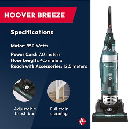 Hoover Breeze Evo Pets Upright Vacuum Cleaner – Lightweight, Corded, 3L Dust Bin, Chameleon Green